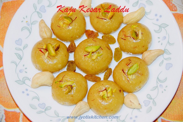 Kaju (cashew) Kesar (saffron) Laddu Recipe with step by step photo