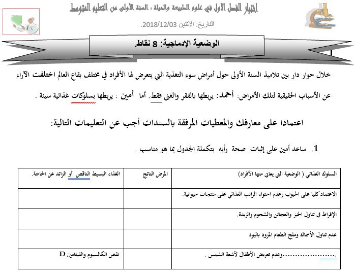 اختبار العلوم الطبيعية للسنة اولى متوسط الفصل الاول