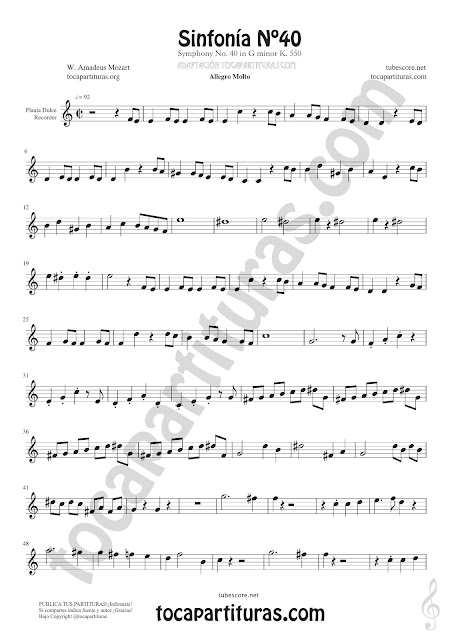 Hoja 1  Flauta Dulce o de Pico Partitura de Sinfonía Nº 40 Easy Sheet Music for Recorder Music Scores Tonalidad Fácil Principiantes Fácil PDF y MIDI aquí Vídeo