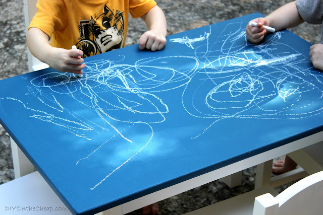 Kid's Colored Chalkboard Table {Benjamin Moore's NEW colored chalkboard paint: Champion Cobalt}