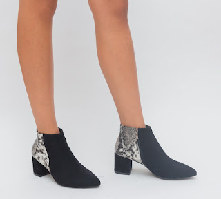 Botine casual moderne ieftine piele intoarsa negre cu model de sarpe Botine casual moderne ieftine piele intoarsa negre cu model de sarpe