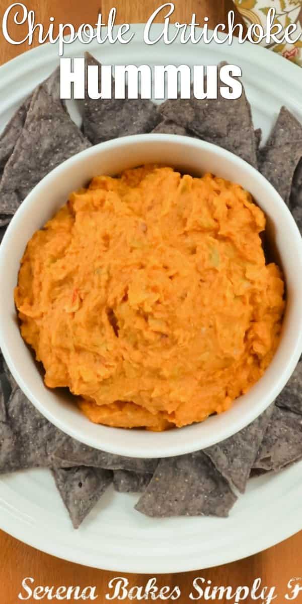 The best Hummus Recipe is Chipotle Artichoke Hummus So easy to make and great for healthy snack from Serena Bakes Simply From Scratch.