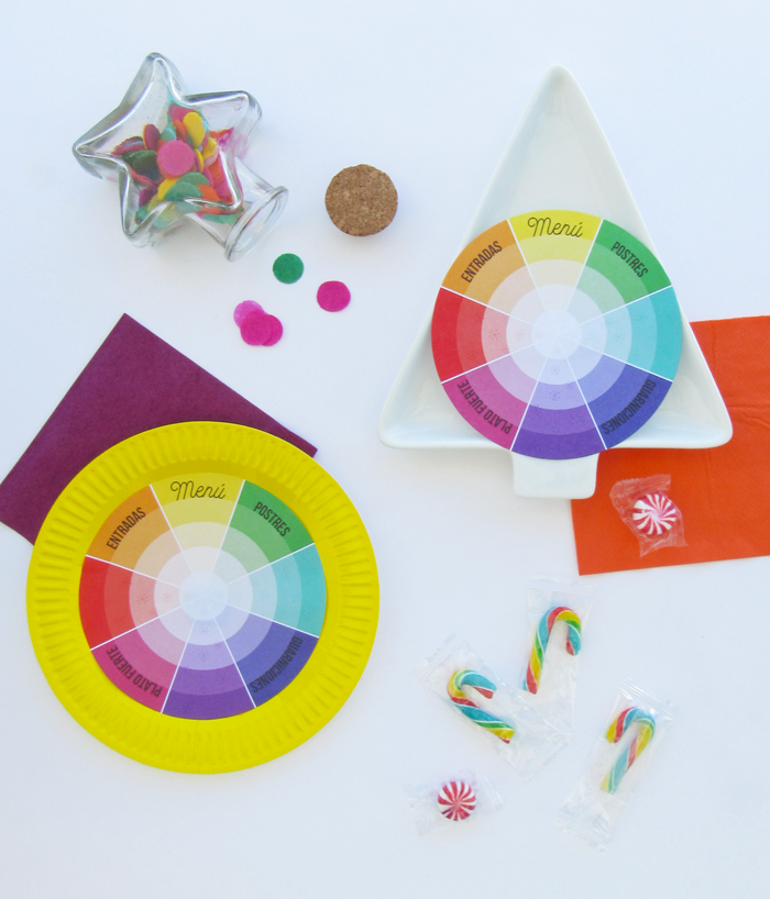 Gratis: Kit de Papelería Imprimible Para Cena de Nochebuena/Navidad Colorida - La Lilú Tarjetas de menú inspiradas en la rueda de color, círculo cromático, mesa, cena, vistas, decoración, descarga gratuita