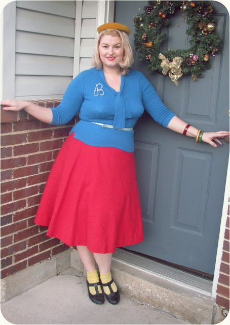 vintage plus size retro fashion red circle skirt, vintage hat, lucite wicker purse via Va-Voom Vintage
