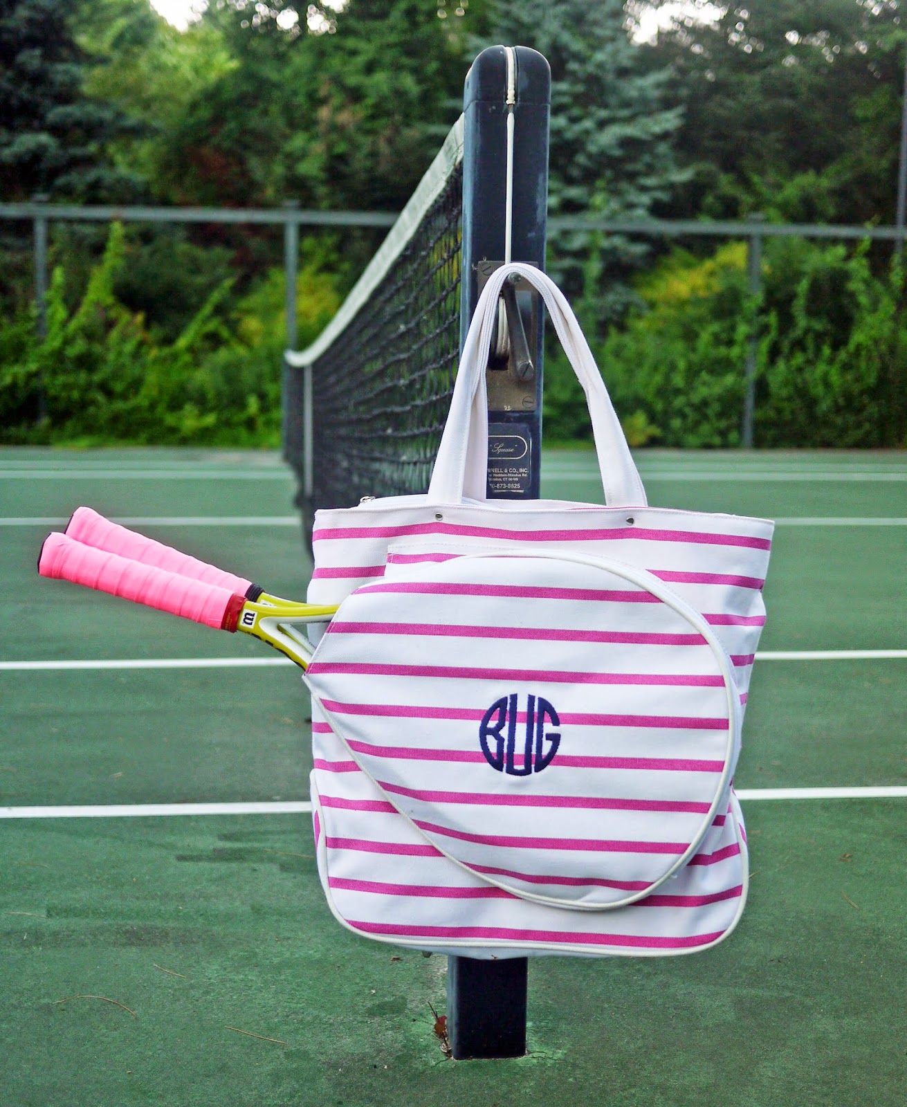 Monogrammed Pink Stripe Tennis Racquet Tote Bag