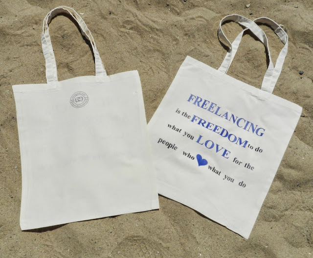 Freelancing is Freedom Blue Tote (logo on the back) via www.elingual.net and www.spreadthewordwear.com #SpreadTheWordWear Freelancing is Freedom Blue Tote