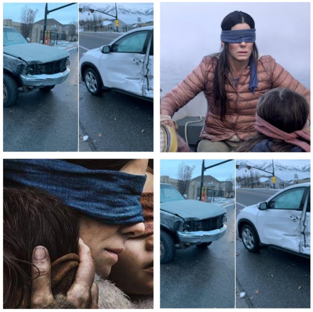 Giovane guida auto bendata come in Bird Box, film horror di Netflix.