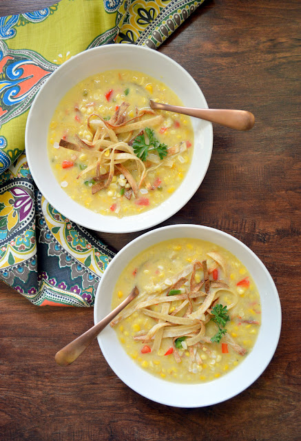 Joyously Domestic: Confetti Sweet Corn Soup with Baked Tortilla Strips