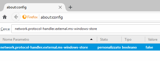 Firefox modifica valore Windows Store in about config