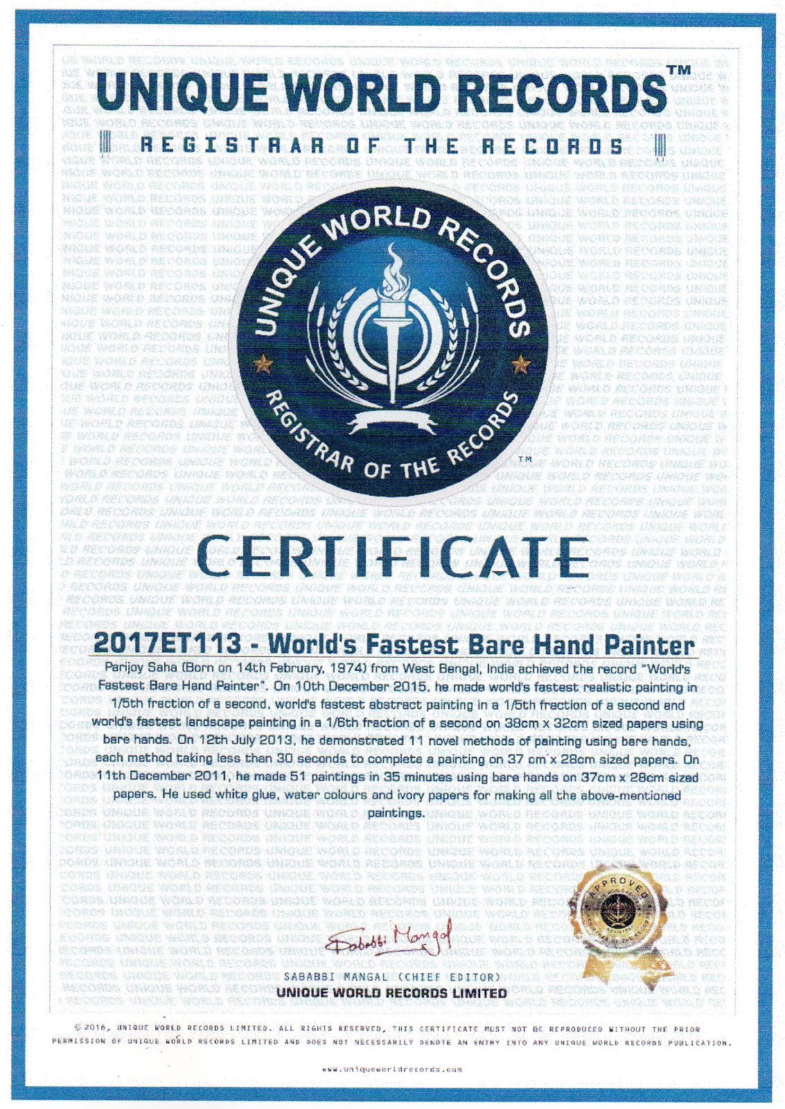 World's fastest painter certificate