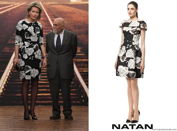 Queen Mathilde wore Natan black and white floral dress