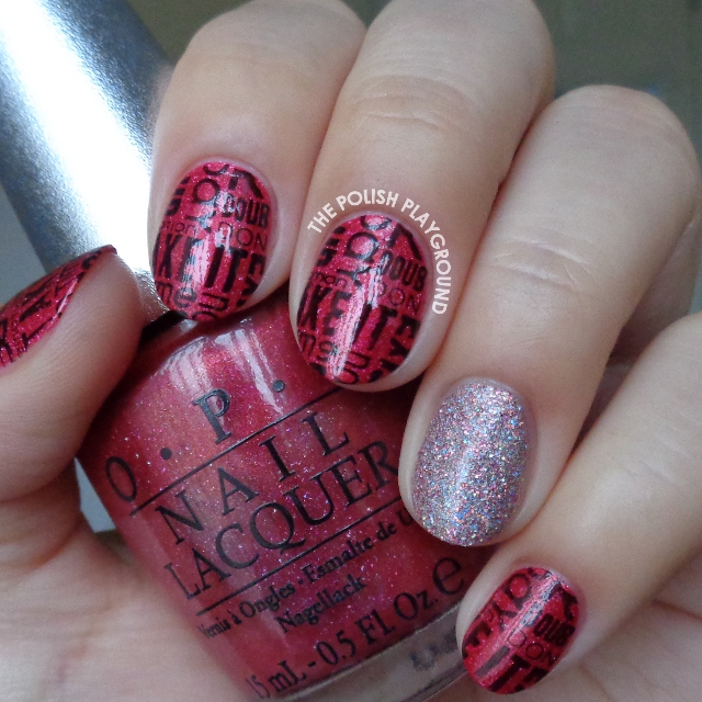 Red and Black Words Stamping with Pink Glitter Accent Nail Art