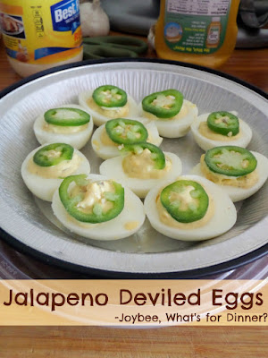 Jalapeno Deviled Eggs:  Hard-boiled eggs, split, and the whites filled with a spicy jalapeno yolk mixture.