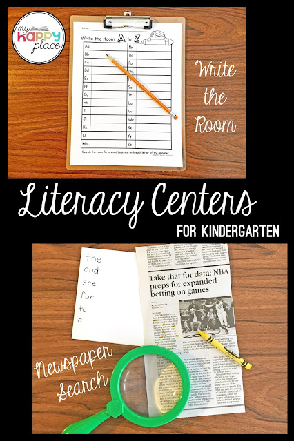 Literacy Centers for Kindergarten write the room and newspaper word search literacy centers