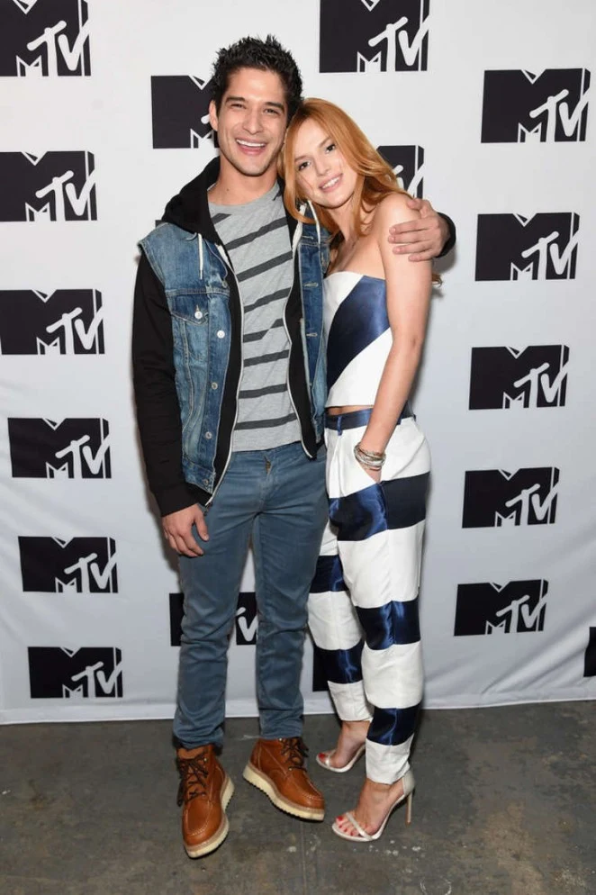 Bella Thorne in a strapless cropped top and trousers at the 2015 MTV Upfront Presentation in NYC