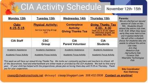 Chadron Intermediate School: CIA Activity Schedule (Nov 12-15) Chadron Intermediate School: CIA Activity Schedule (Nov 12-15)