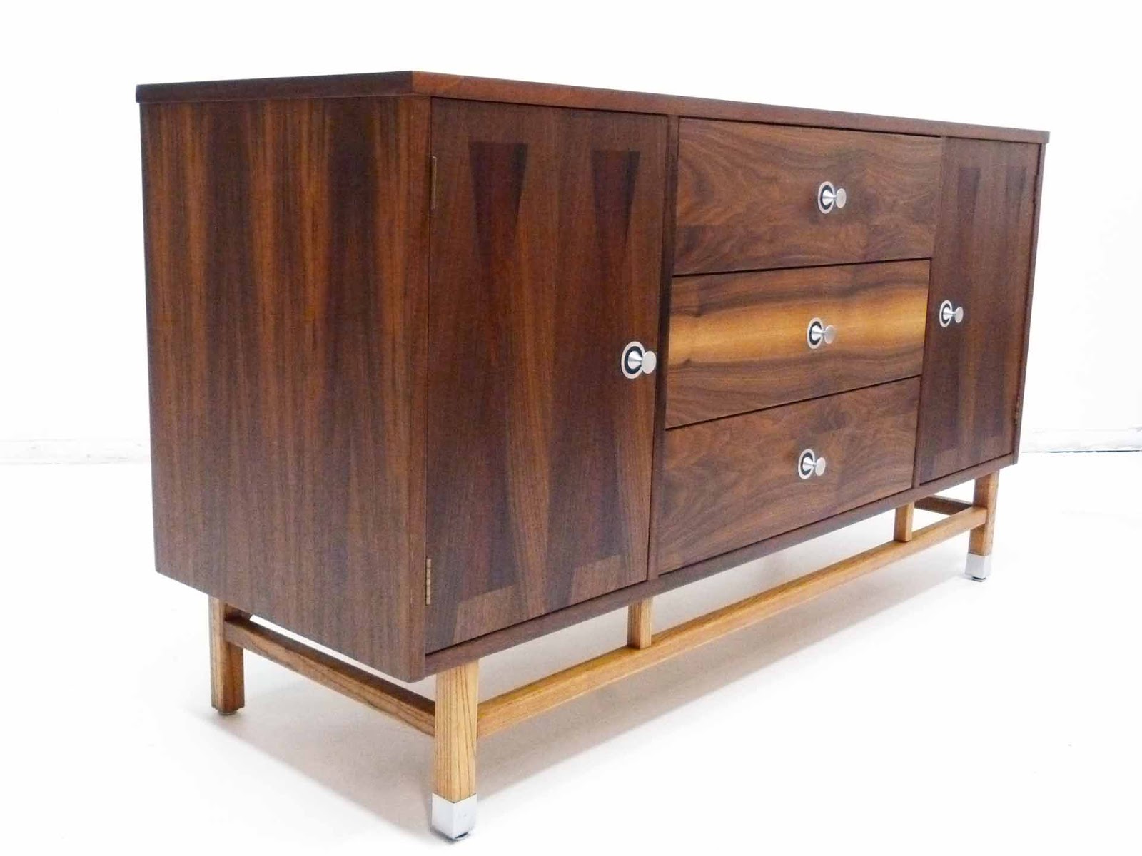 Modern Mid Century Danish Vintage Furniture Used Stanley Mid Century Walnut Rosewood Inlay Credenza Dresser Front Angle