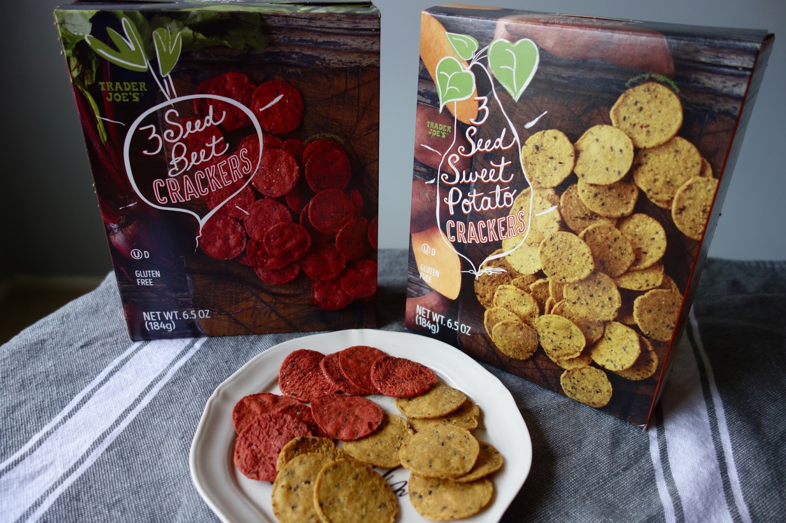 Trader Joe's 3 Seed Beet Crackers and 3 Seed Sweet Potato Crackers