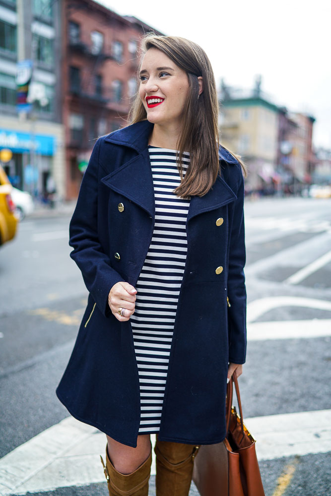 Krista Robertson, Covering the Bases,Travel Blog, NYC Blog, Preppy Blog, Style, Fashion Blog, Travel, Fashion, Style, NYC, Navy, Striped Dresses, Knee High Boots, Fall Looks, NYC Street Style, Navy Coats, Tan Boots