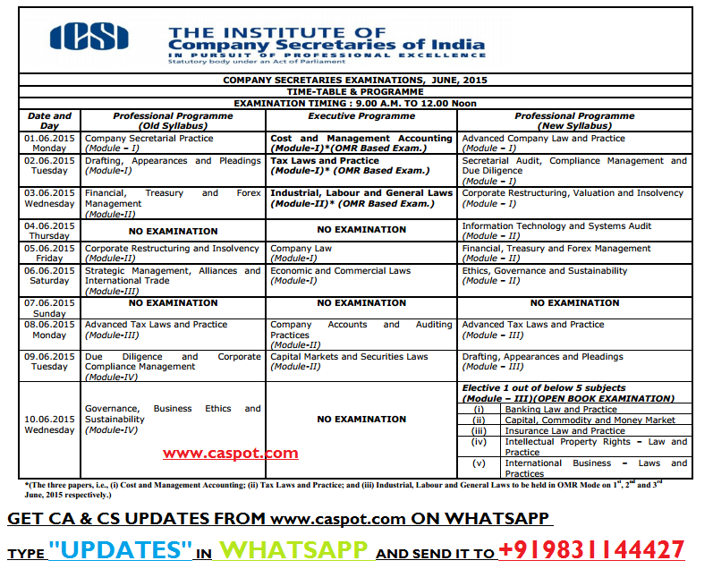 Date Sheet For CS Executive CS Professional Dec 2015
