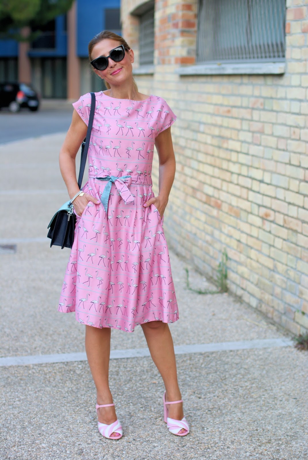 Bryony and Co flamingo dress and Moschino candy sandals on Fashion and Cookies fashion blog, fashion blogger style