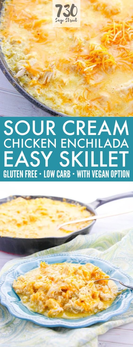 This cheesy low carb sour cream chicken enchiladas recipe is a delicious, easy keto Mexican dinner. Also available with vegan, plant based instructions. #mexican #lowcarb #keto #chicken #vegan #veganrecipes #ketodiet #ketorecipes #dinner #dinnerrecipes #easydinner