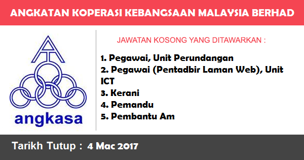 Jawatan Kosong di Angkatan Koperasi Kebangsaan Malaysia Berhad (ANGKASA) Jawatan Kosong di Angkatan Koperasi Kebangsaan Malaysia Berhad (ANGKASA)