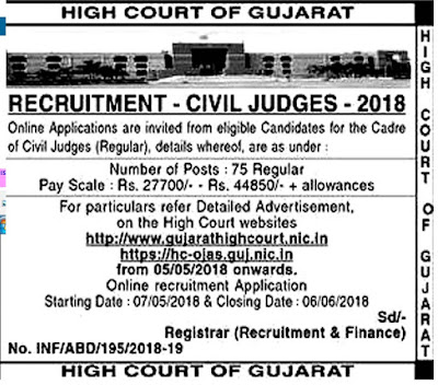 High Court of Gujarat Civil Judge Recruitment 2018 Apply Online 75 Post hc-ojas