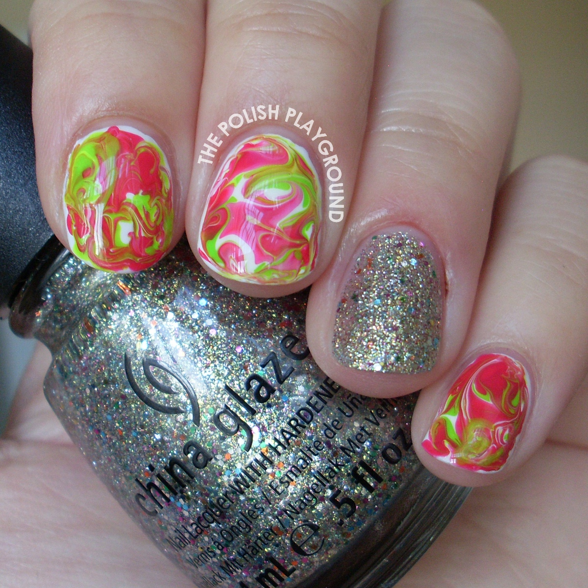 Bright Green and Red Dry Water Marble Nail Art