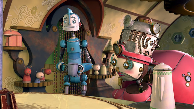 Render en 3D de la película Robots de los personajes Rodney y Tia Turbina