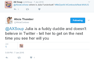 screenshot of interaction between AX Soup and Alicia Thomber from Contoso on Twitter.