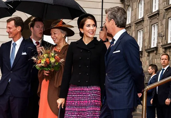 Princess Marie wore Paule Ka White Two Tone Belted Coat and Jimmy Choo pumps. Crown Princess Mary, Princess Benedikte abd Queen Margrethe