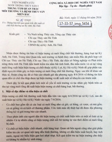 Thông báo của Trung tâm Quan trắc môi trường và bệnh thủy sản miền Bắc về việc cá chết hàng loạt bất thường tại vùng biển Vũng Áng Thông báo của Trung tâm Quan trắc môi trường và bệnh thủy sản miền Bắc về việc cá chết hàng loạt bất thường tại vùng biển Vũng Áng