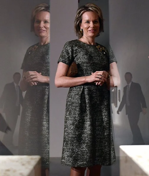 Queen Mathilde style, Mathilde wore Natan Dress, Delphine Nardin Gold Earrings, Diane von Furstenberg Flirty Elaphe clutch, Dries Van Noten dress, Cartier gold necklace