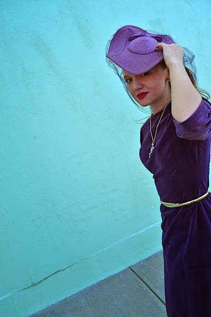 Flashback Summer: Lady in Purple - 1960s 1950s dress/ 1940s tilt hat/ vintage outfit
