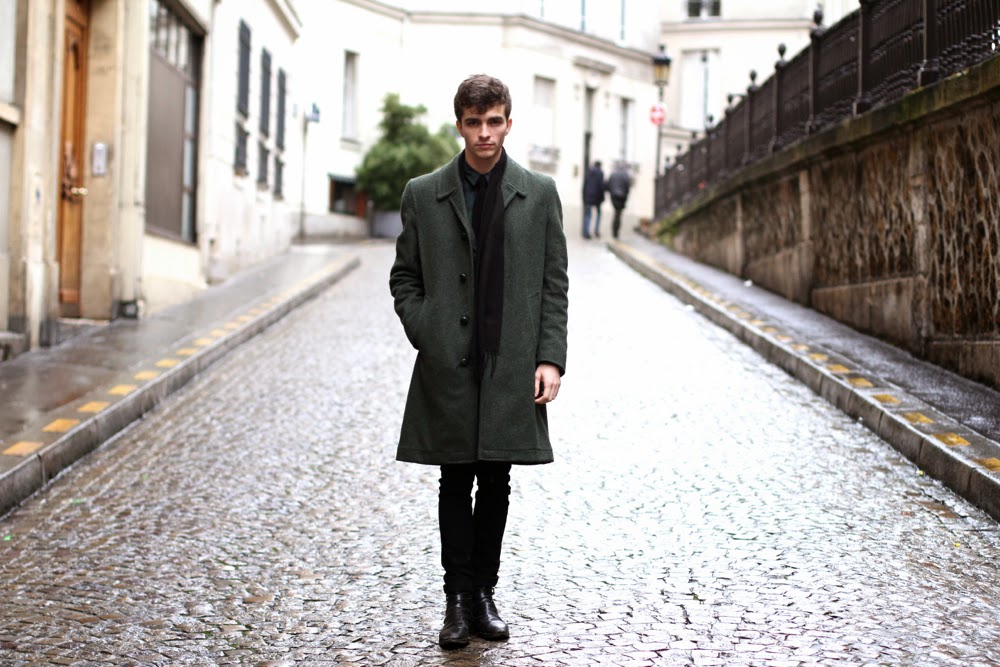 Blog-mode-homme-style-Paris_NEWLOOK-Blazer-carreaux_Chemise-fanelle-vert_Skinny-noir_veste_boots-bouvles-Loden-Khaki-cravate-tricottée-preppy-dandy