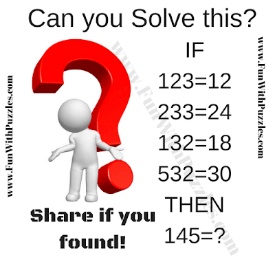 IF 123=12, 233=24, 132=18, 532=30 Then 145=?. Can you Solve this Mind Twister Question?