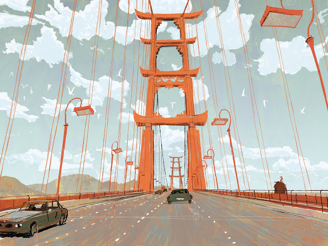 A rendering of the Golden Gate Bridge, with the archways designed to look like Asian gateways.