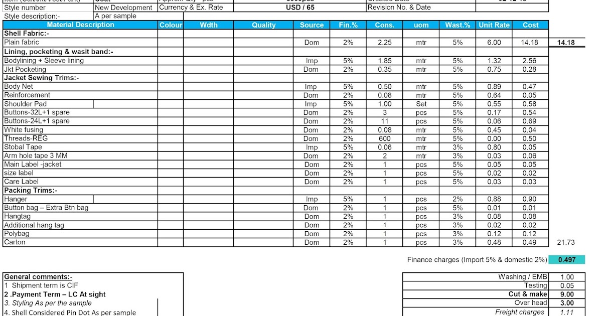 Blazer manufacturing technical details Garment cost break down sheet