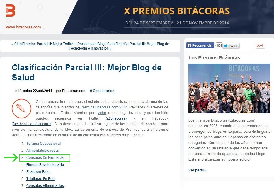 X Premios Bitacoras - mejor blog de salud Consejos de Farmacia