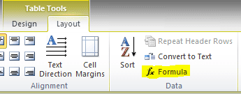 MS Word Formula Option in Layout Tab