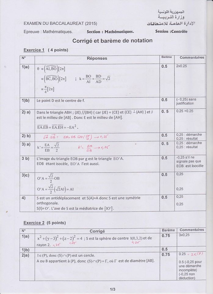 correction examen mathematique bac math session
