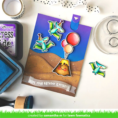 Have a Pterrific Birthday Interactive Card by Samantha Mann, Lawn Fawn, Lawn Fawnatics, Interactive, Pull Tab, Slider, Birthday, Dinosaur #lawnfawn #lawnfawnatics #birthday #cards #birthdaycard #distressinks #Inkblending #interactive