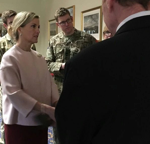 Countess Sophie wore Valentino Rose Wool Drill Cocoon Jacket, Michael Kors Stretch-wool dress, Prada Suede Pointtoe Pumps, Pangolin Earrings and carried Sophie Habsburg clutch bag