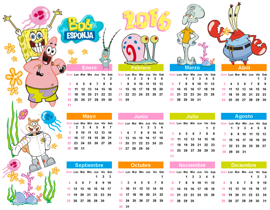Calendario 2016 Bob Esponja español editable