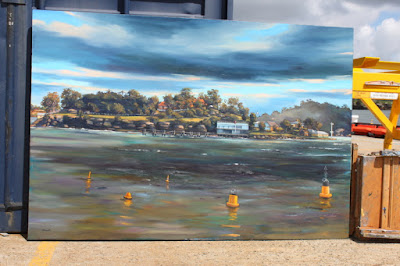 plein air oil painting of Goat Island from Moore's Wharf by artist Jane Bennett