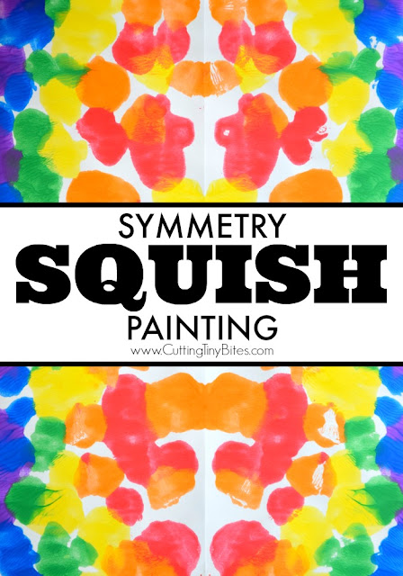 Symmetry Squish Painting Process Art.  Fun painting project for preschoolers, kindergartners, or elementary students to combine math and art.  