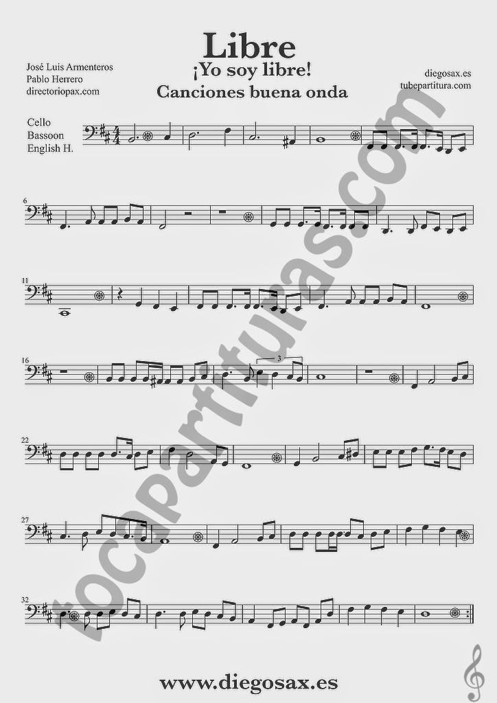 Partitura de Libre para Violonchelo, Fagot y Corno Inglés Nino Bravo y El Chaval de la Peca  Sheet Music Cello, Bassoon, English Horn Music Score Yo soy libre