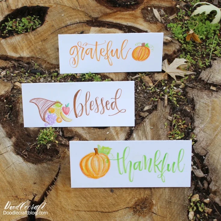 Easy diy to make your Thanksgiving tablescape stand out--place cards with thankful words and autumn images colored with tombow color pencils 24 roll.