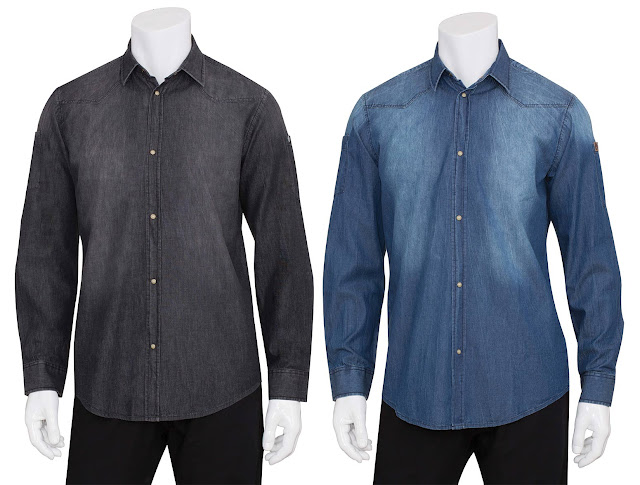  Distressed Denim Waiter Uniform Shirt in Black or Indigo Blue Denim